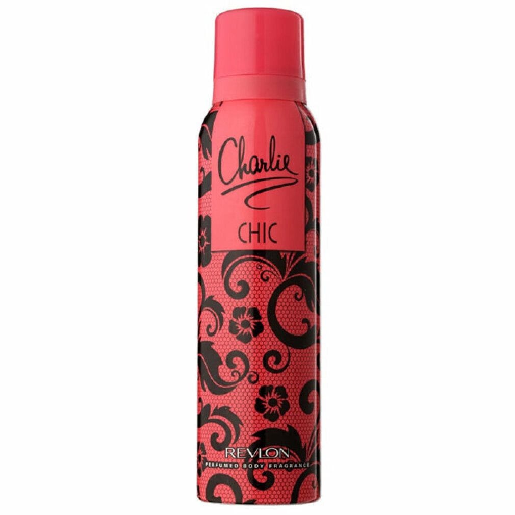 Körper-Spray-Dose, rot mit schwarzen floralen Mustern. Aufschrift "Charlie CHIC" und "Revlon".