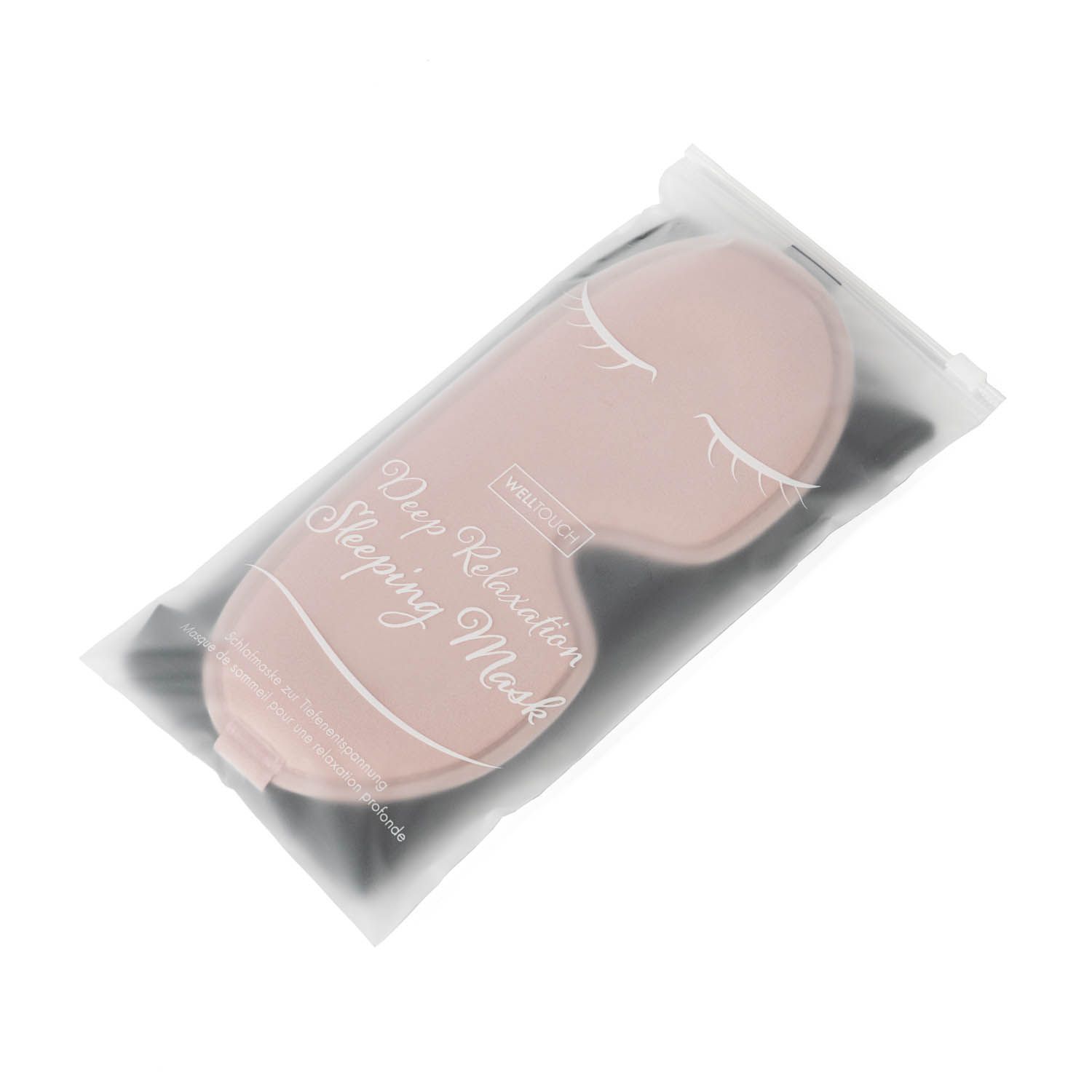 Eine rosafarbene Schlafmaske mit der Aufschrift 'Deep Relaxation Sleeping Mask' in einer durchsichtigen Verpackung.