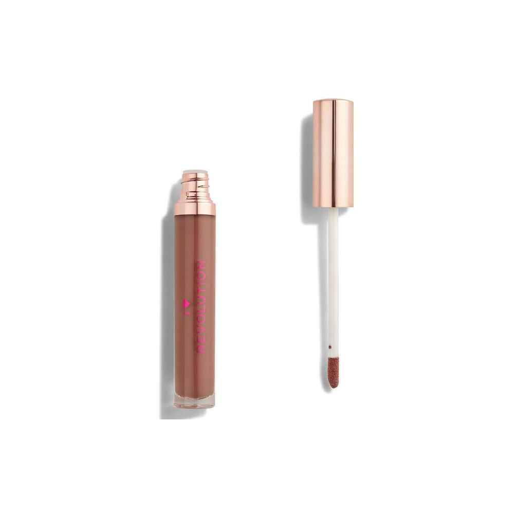 Flüssiger Lippenstift, geöffnet. Braune Farbe in einer transparenten Flasche mit roségoldfarbenem Deckel. Applikator sichtbar.