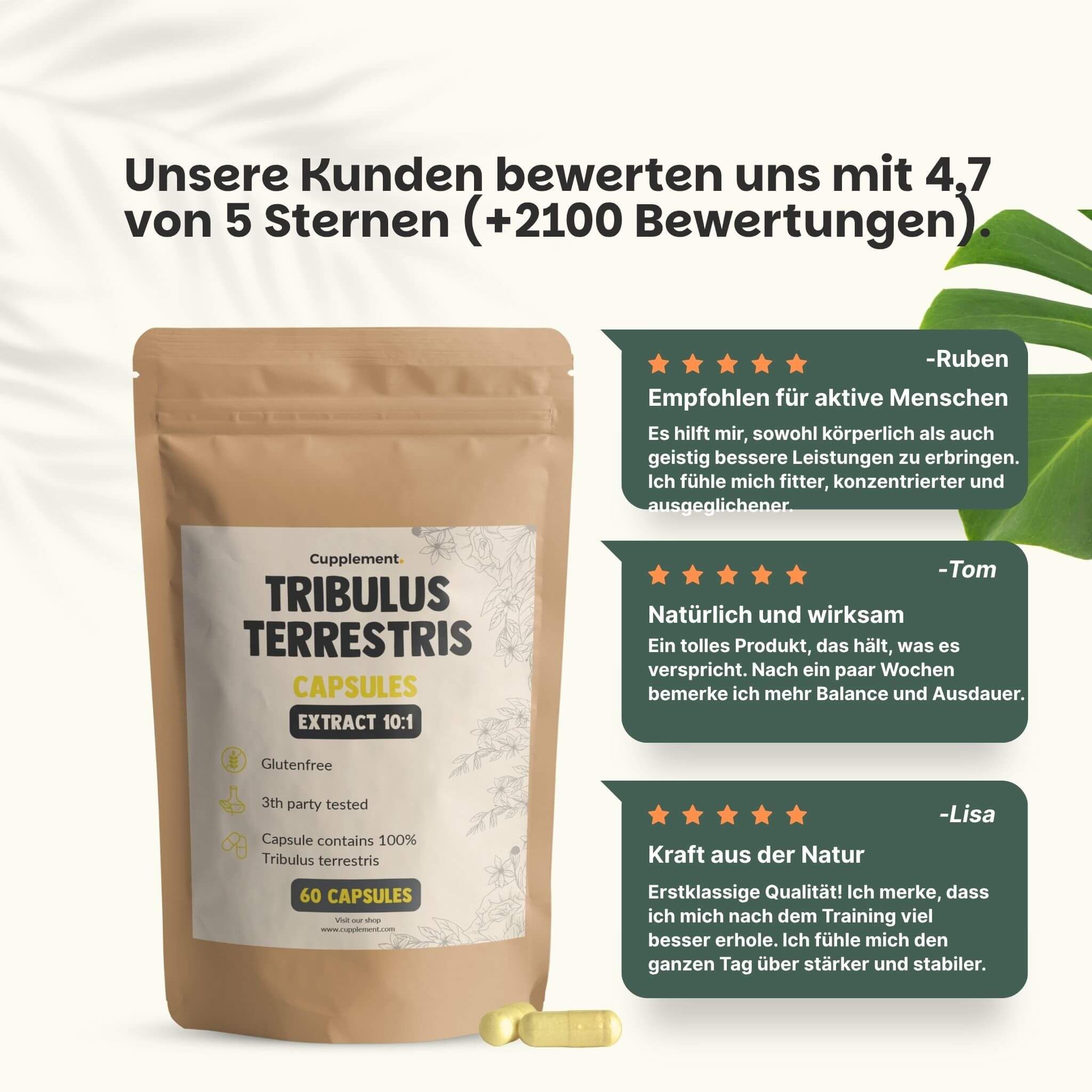 Beutel mit Kapseln. Aufschrift: Tribulus Terrestris Capsules, 60 Kapseln. Kundenbewertungen: 4,7/5 Sterne.