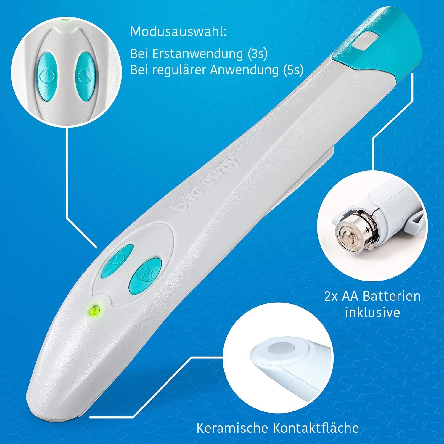 Gerät mit blauen Knöpfen und Spitze. Nahaufnahmen von Details. 2 Batterien. Keramische Kontaktfläche.