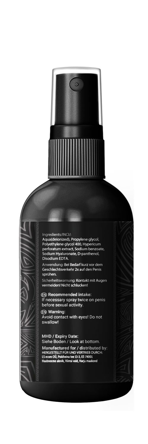 Rückseite einer schwarzen Flasche. Text mit Inhaltsstoffen, Anwendungshinweisen und Warnhinweisen.