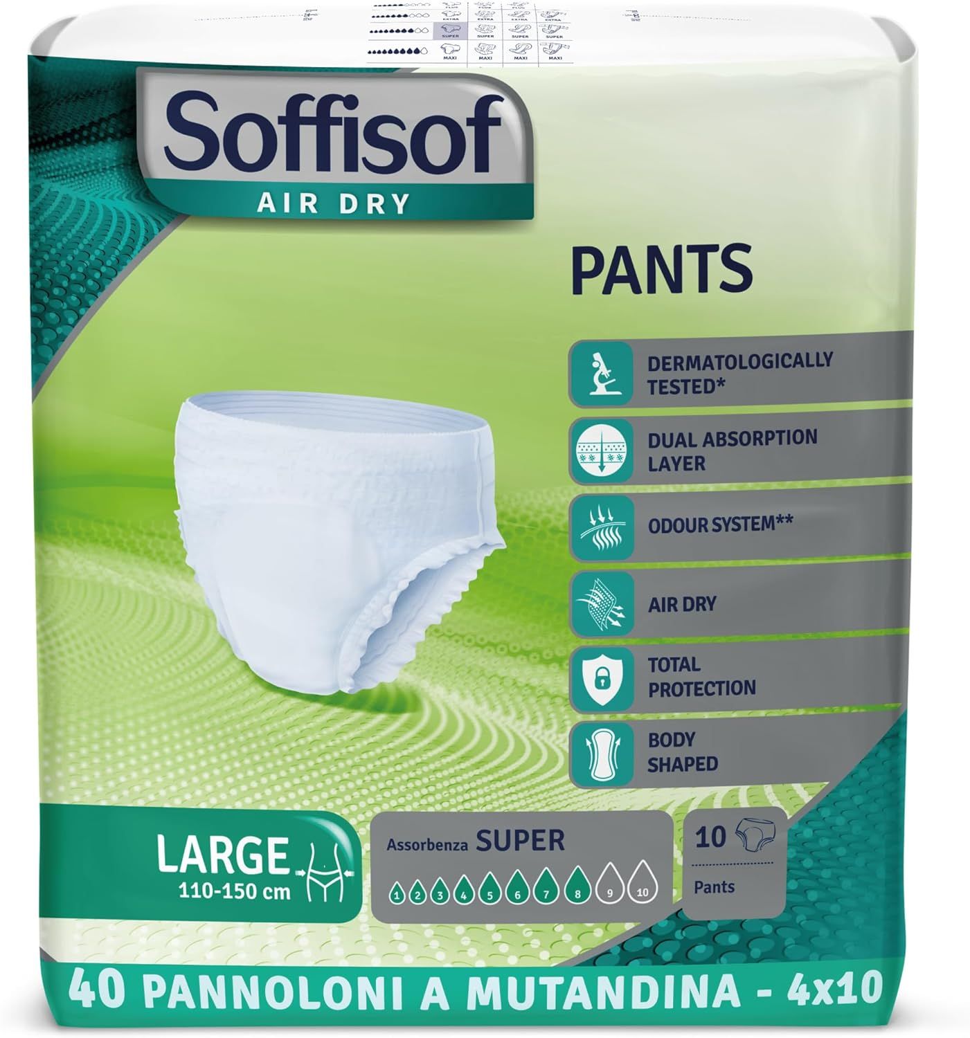 Verpackung von Soffisof Inkontinenzschutz mit Hüftbund Super, Größe Large. Enthält 10 Pants. Aufdrucke: Air Dry, dermatologisch getestet.
