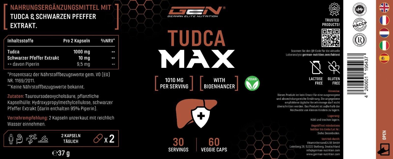 Etikett GEN Tudca Max. Schwarzer Hintergrund, weißer Schriftzug. 1010 mg pro Portion. 30 Portionen. Vegan. Inhaltsstoffe: Tudca, Schwarzer Pfeffer Extrakt.