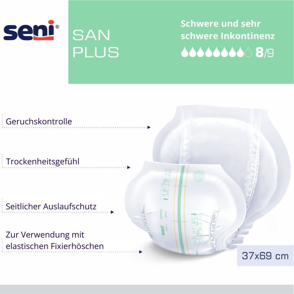 Inkontinenzeinlagen. Aufdruck: seni SAN plus, 37x69 cm. Schwere Inkontinenz. Eigenschaften: Geruchskontrolle, Trockenheitsgefühl, seitlicher Auslaufschutz.