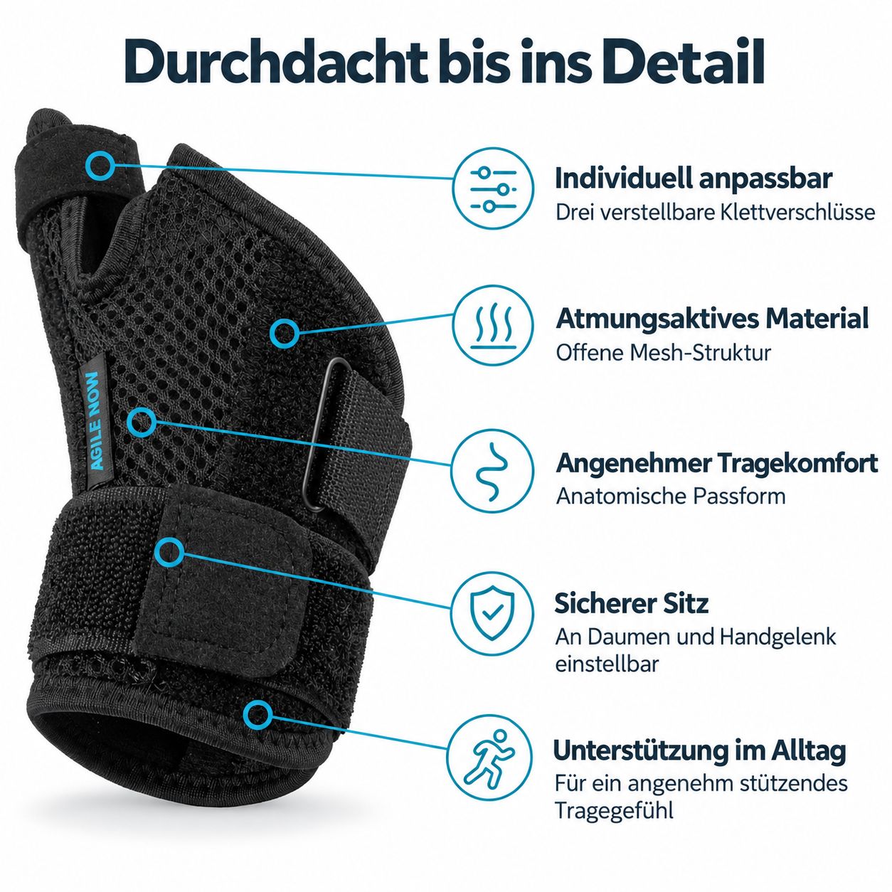 AGILE NOW Daumenbandage: Individuell anpassbar, atmungsaktiv, angenehmer Tragekomfort, sicherer Sitz, Unterstützung im Alltag.