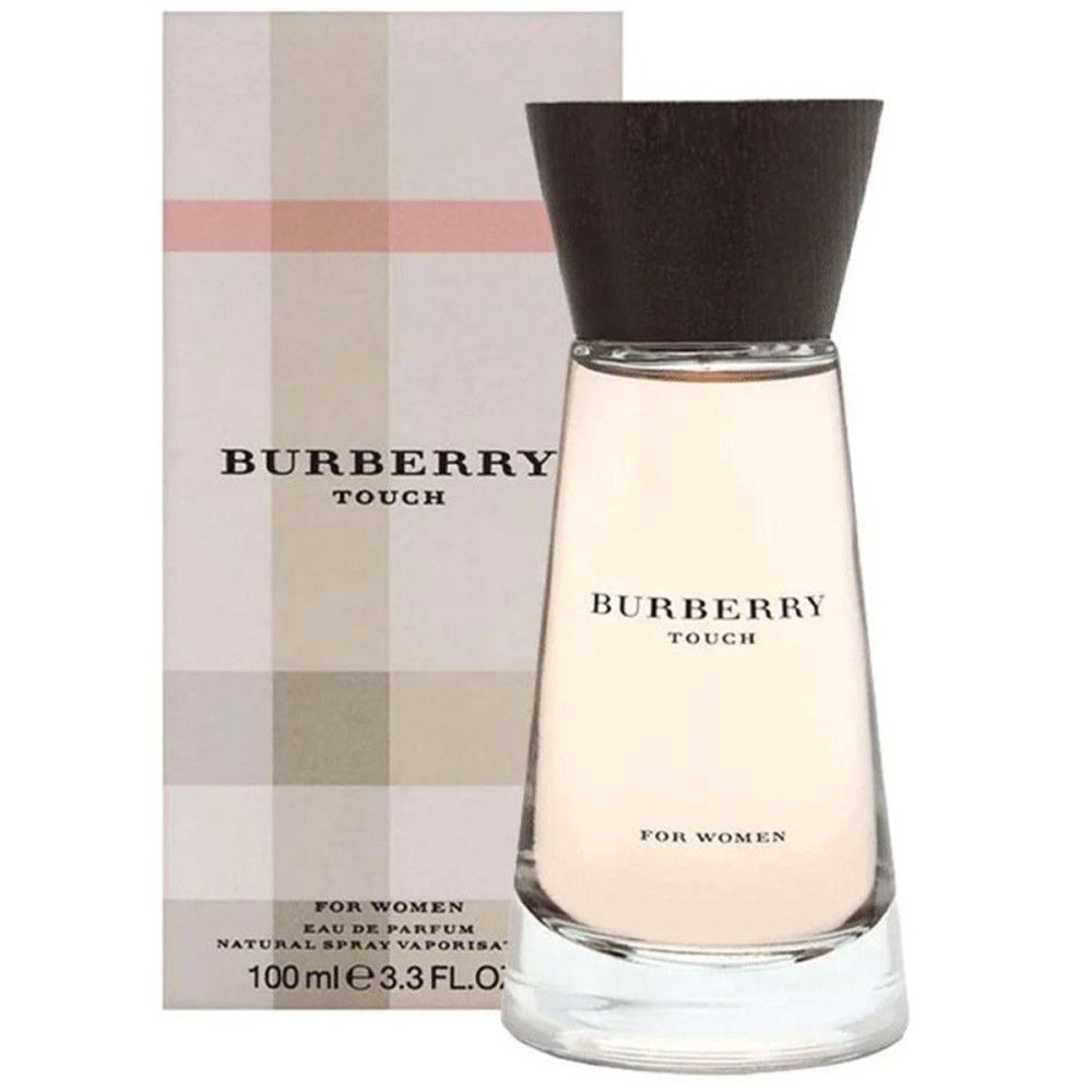 Flakon mit schwarzem Deckel und Verpackung. Aufschrift Burberry Touch. Für Damen. Hellrosa Flüssigkeit.