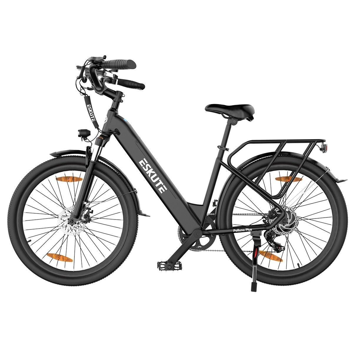 Schwarzes ESKUTE Polluno Plus E-Bike. Gepäckträger, Schutzbleche, Scheinwerfer und Rücklicht. 36V 20Ah Batterie.