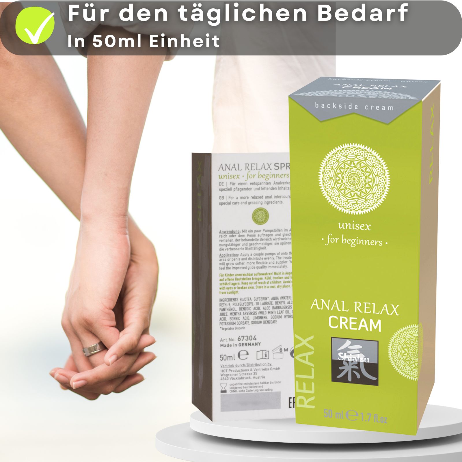 Grüne Tube und Schachtel. ANAL RELAX CREAM, unisex for beginners. Logo. 50 ml. Text: Für den täglichen Bedarf. In 50ml Einheit.
