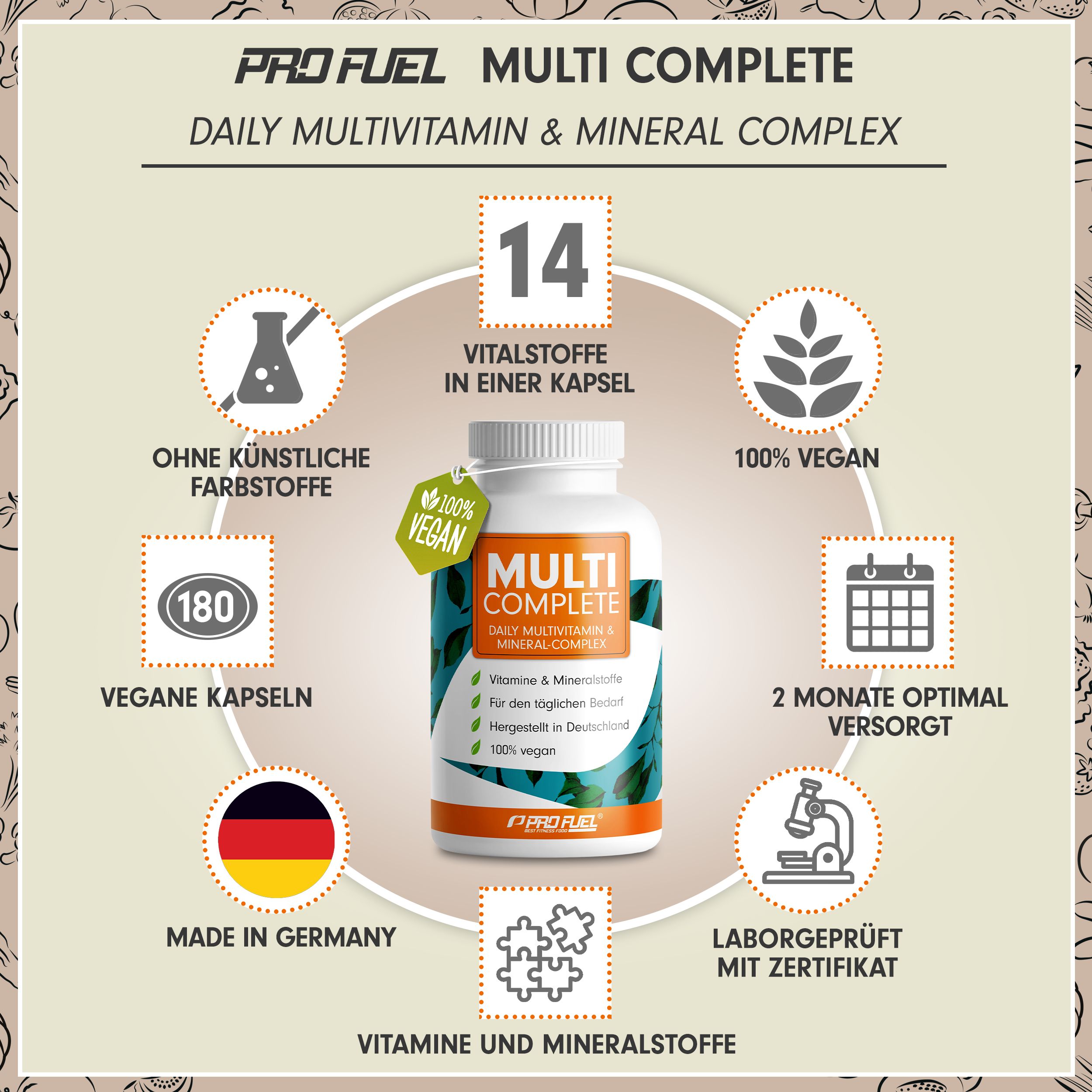 Weiße Flasche mit Kapseln. Aufschrift: MULTI COMPLETE, 100% vegan, 14 Vitalstoffe, 180 Kapseln, Made in Germany. Rundherum Grafiken.