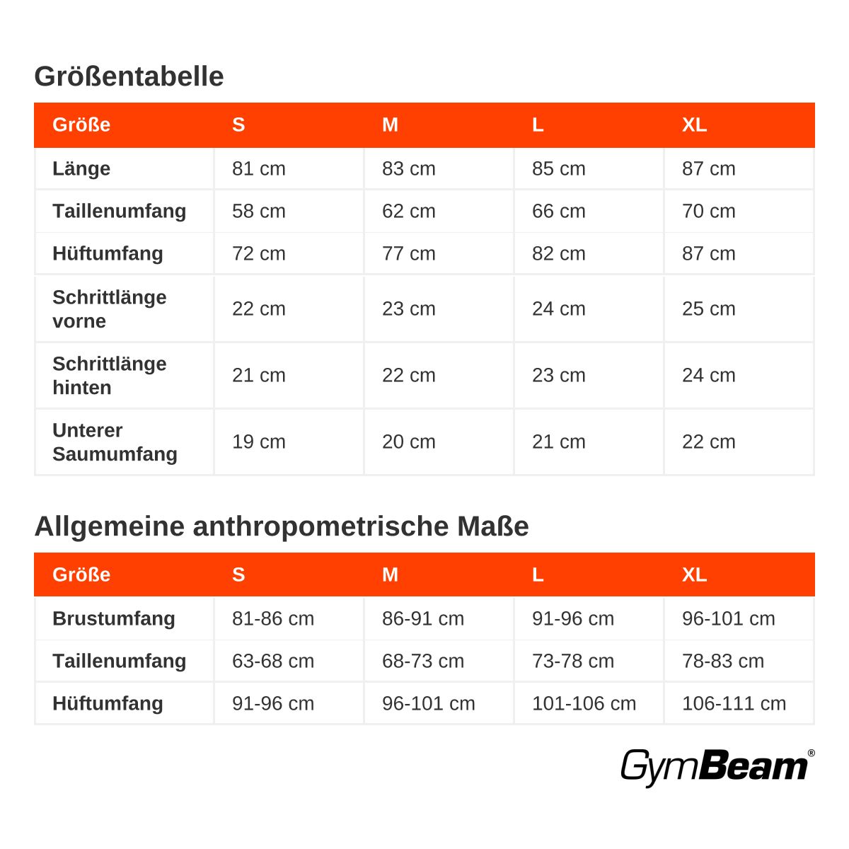 Größentabelle für Damenbekleidung mit Maßen in cm.