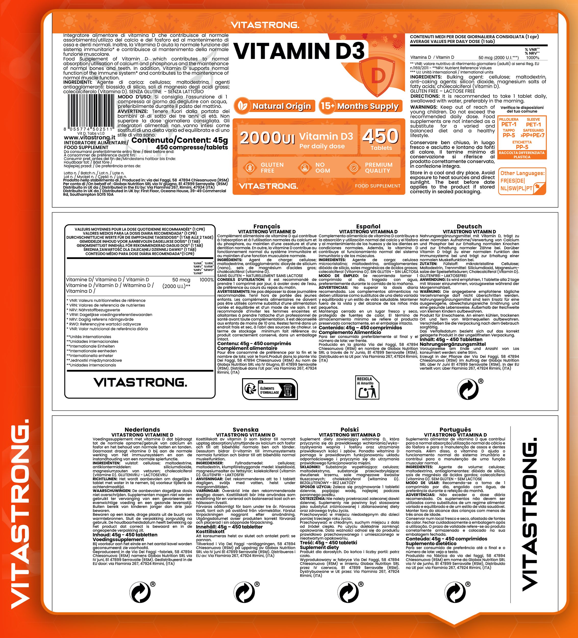 Rückseite der Vitamin D3-Verpackung. Enthält Informationen in verschiedenen Sprachen, einschließlich Deutsch.