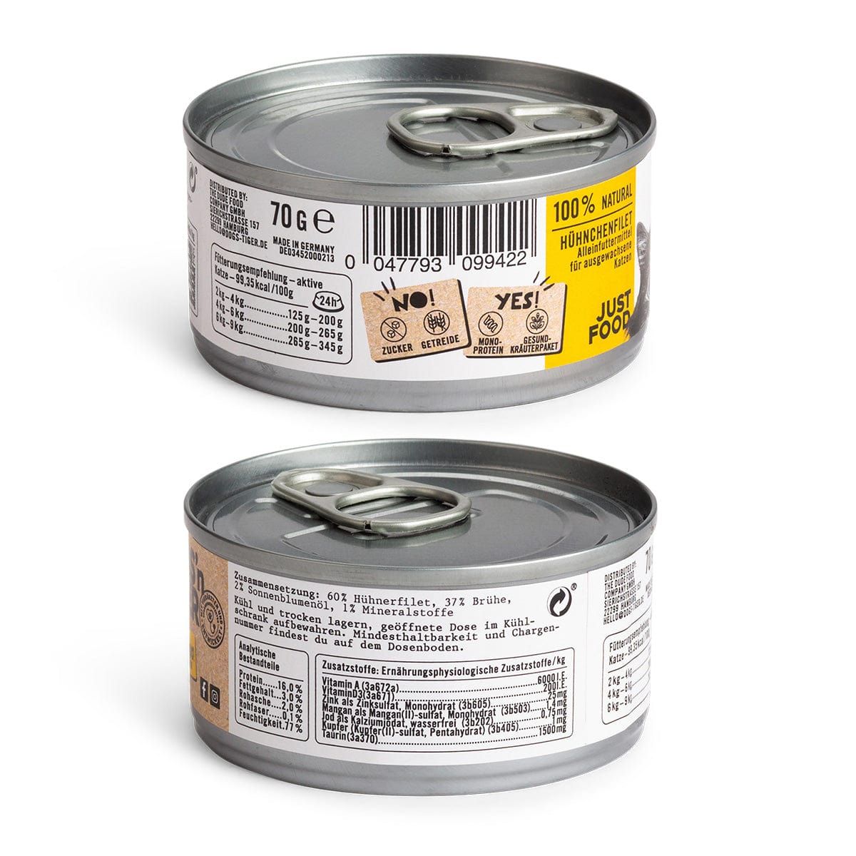 Zwei Katzenfutterdosen. Aufschrift: Dogs'n Tiger. Etiketten mit Informationen. Deckel mit Lasche. 70g. 100% natürlich.