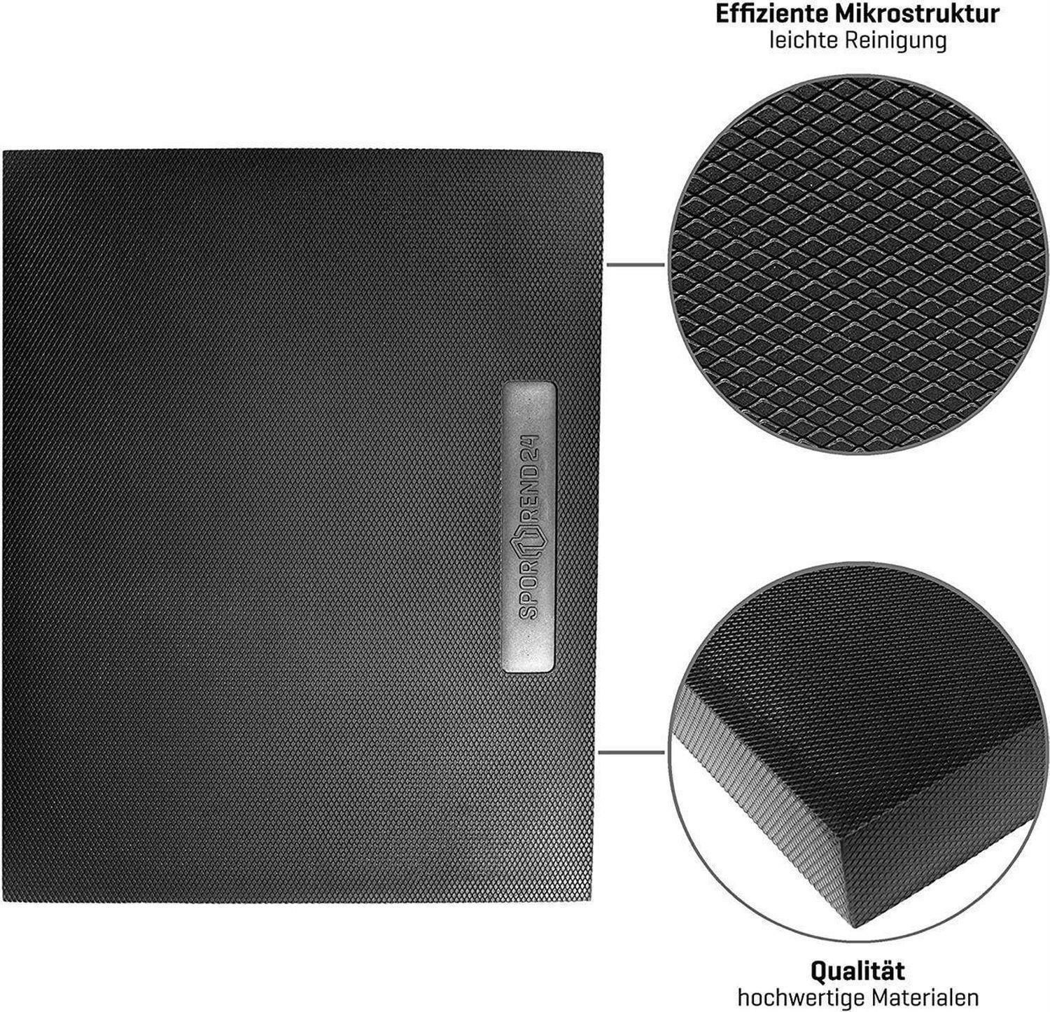 Schwarzes Balance Pad mit strukturierter Oberfläche. Detailansicht der Oberfläche und des Materials. Schriftzug Sporttrend24.