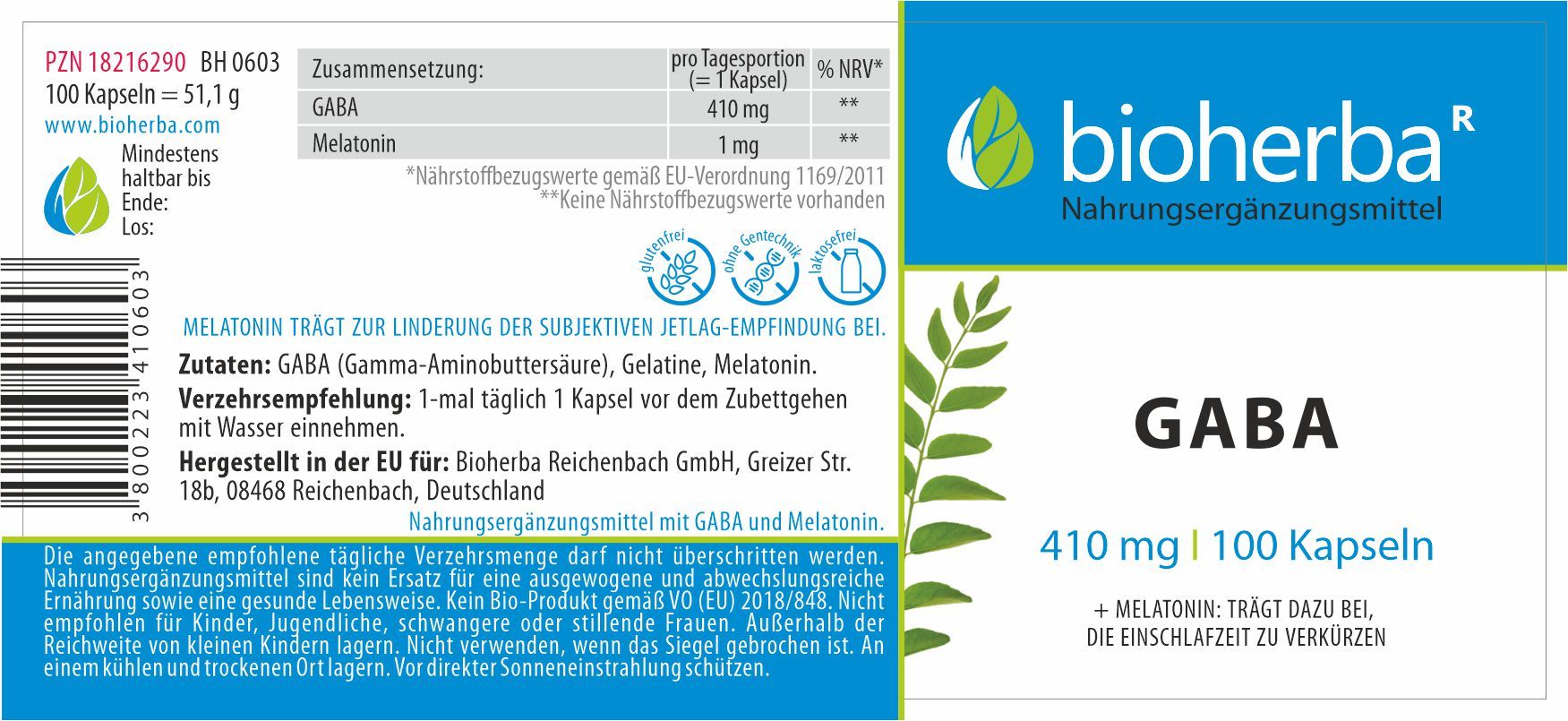 Etikett mit "bioherba", "GABA 410 mg | 100 Kapseln" und Inhaltsangaben. Text in Deutsch.