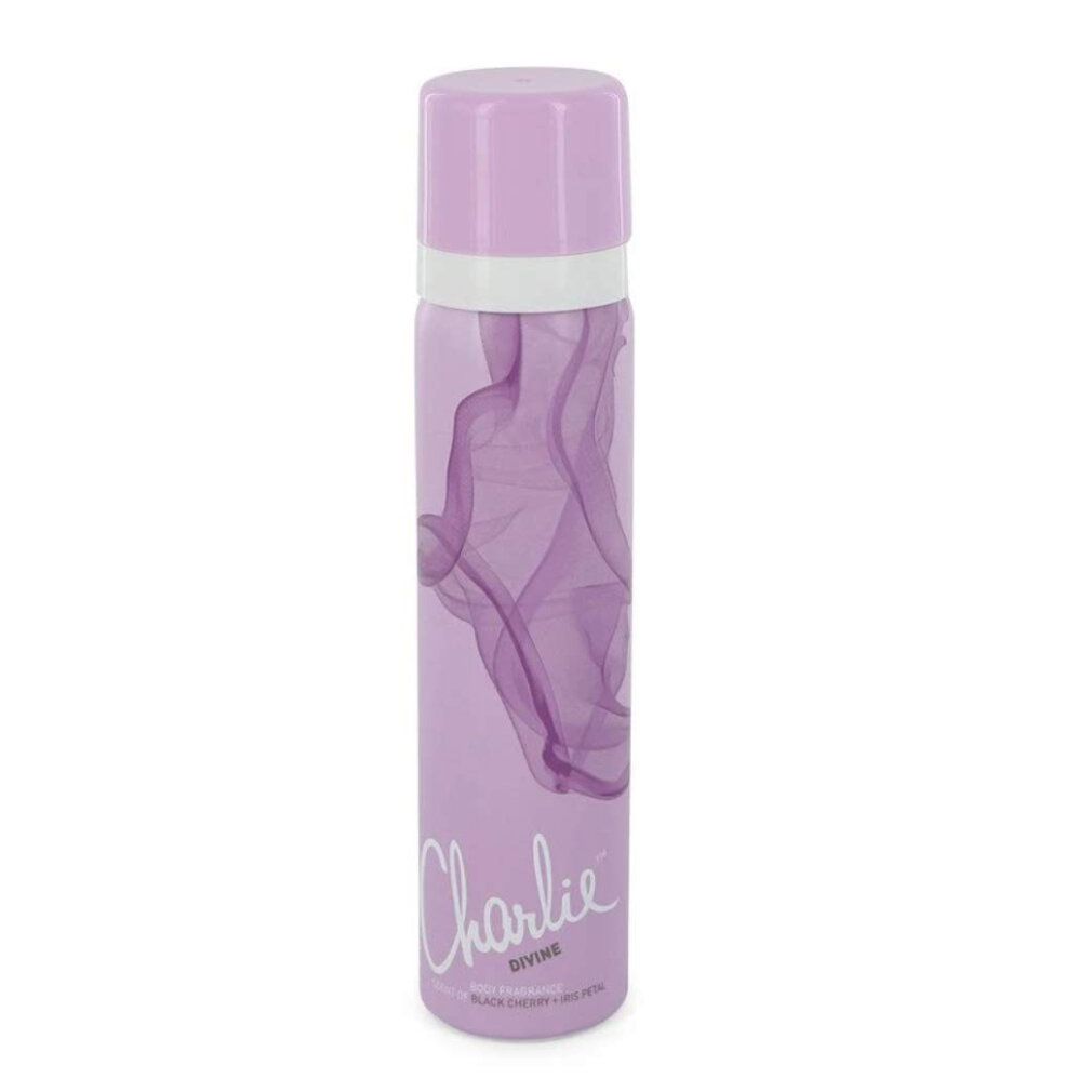 Lila Deodorant-Spray mit weißem Deckel. Schriftzug 'Charlie Divine'. Lila Design. Aufschrift 'Black Cherry & Lime'.