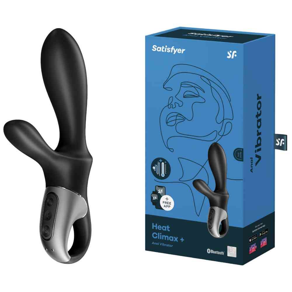 Analvibrator und Verpackung. Schwarz-silberfarbenes Design. Produktname: Heat Climax+. Verpackung mit Gesichtskontur und Produktinformationen.