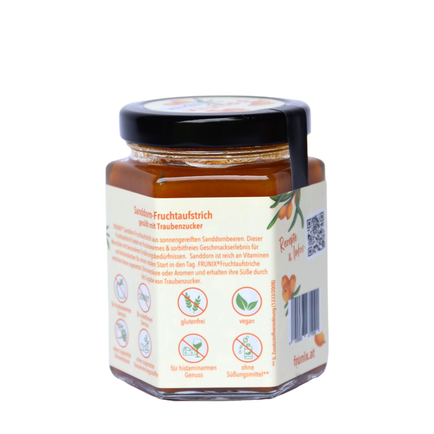 Glas mit Sanddorn-Fruchtaufstrich. Rückseite mit Text und Symbolen. Aufschrift: FRUNIX, Sanddorn-Fruchtaufstrich mit Traubenzucker.