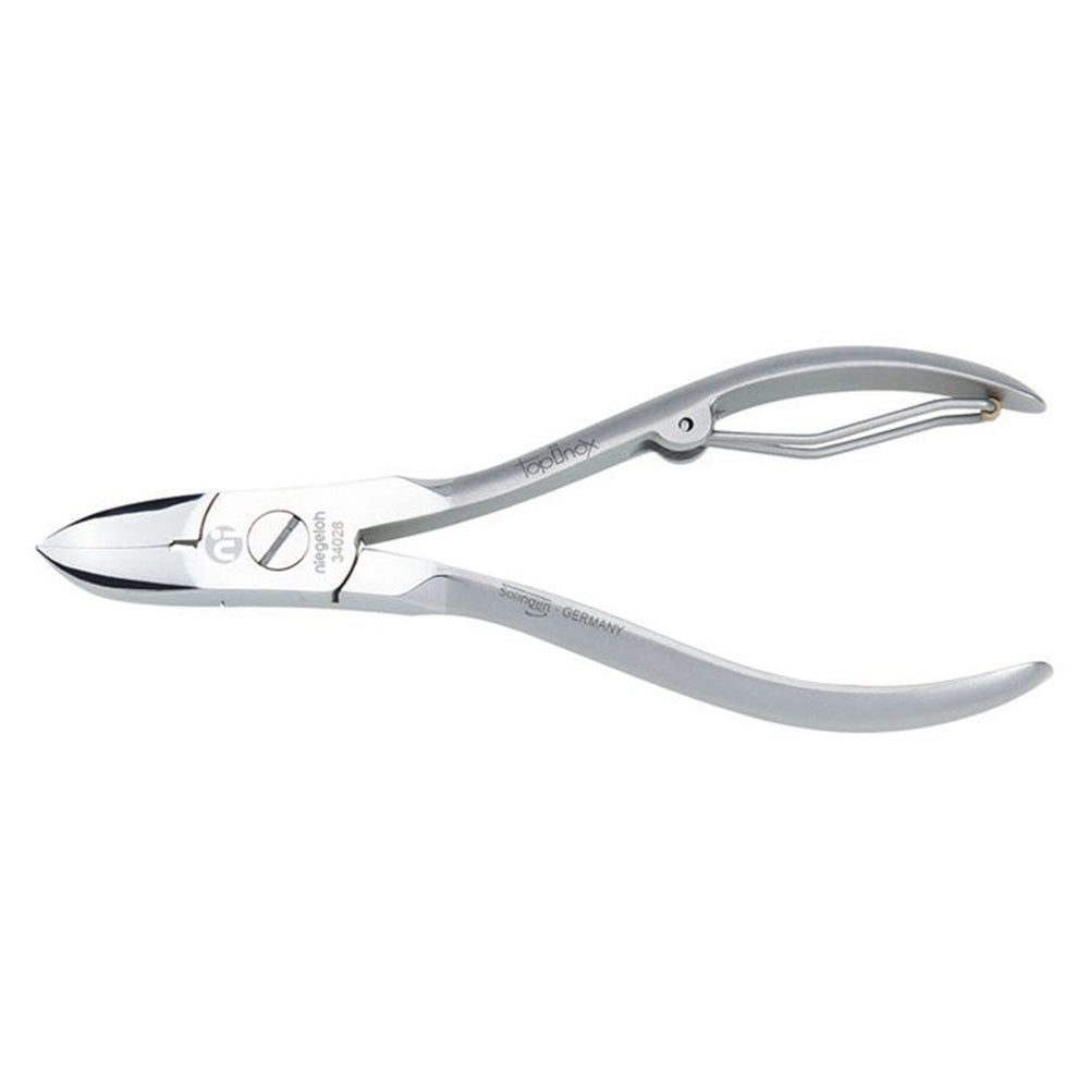 Niegeloh Solingen Nagelzange aus Metall mit gebogener Klinge und Federverschluss.