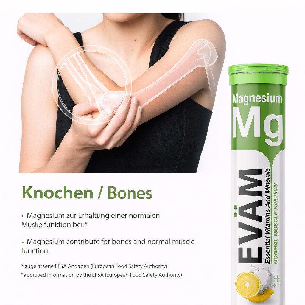 Magnesium Brausetabletten-Tube. Frau mit Arm und Knochen-Illustration. Enthält Zitrone. Text: EVÄM, Magnesium, Essential Vitamins and Minerals.