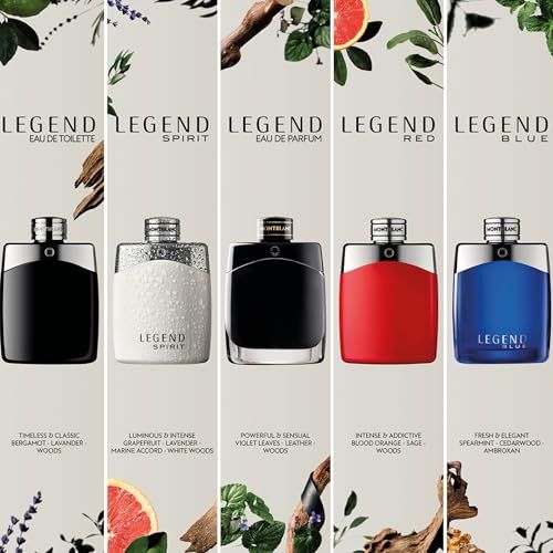 Fünf Montblanc Legend Düfte: Eau de Toilette, Spirit, Eau de Parfum, Red, Blue.