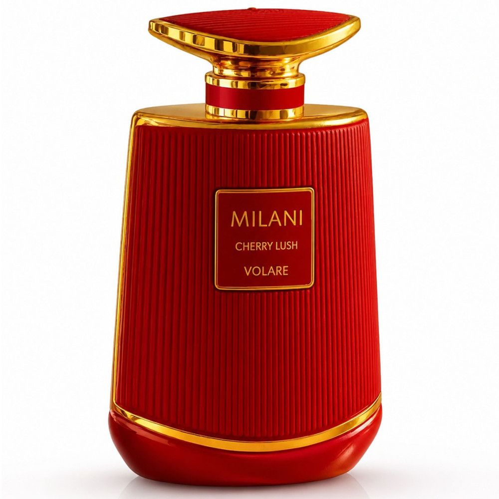 Rote Glasflasche mit goldenen Akzenten für Milani Cherry Lush Eau de Parfum.