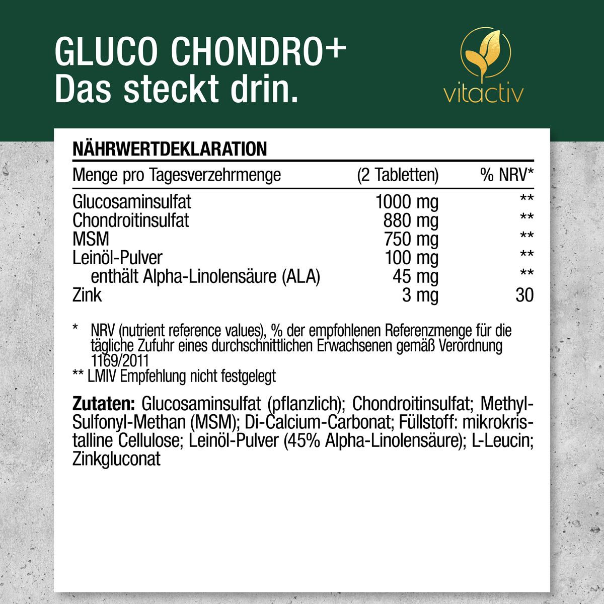 Nährwertdeklaration für Vitactiv Gluco Chondro Plus. Enthält Glucosaminsulfat, Chondroitinsulfat, MSM, Leinsamen-Pulver und Zink. Logo: vitactiv.