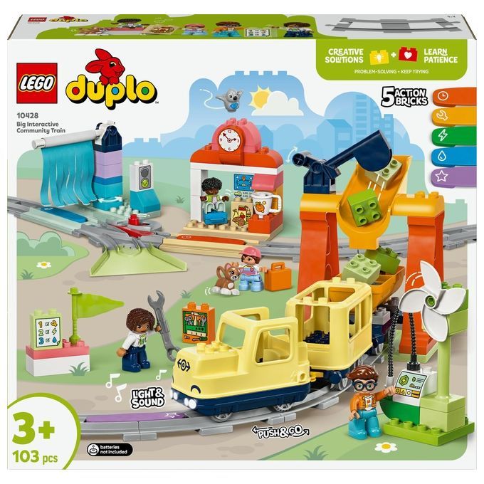 LEGO Duplo-Set mit gelbem Zug, Gleisen, Figuren und Zubehör. Verpackung mit Produktabbildung.