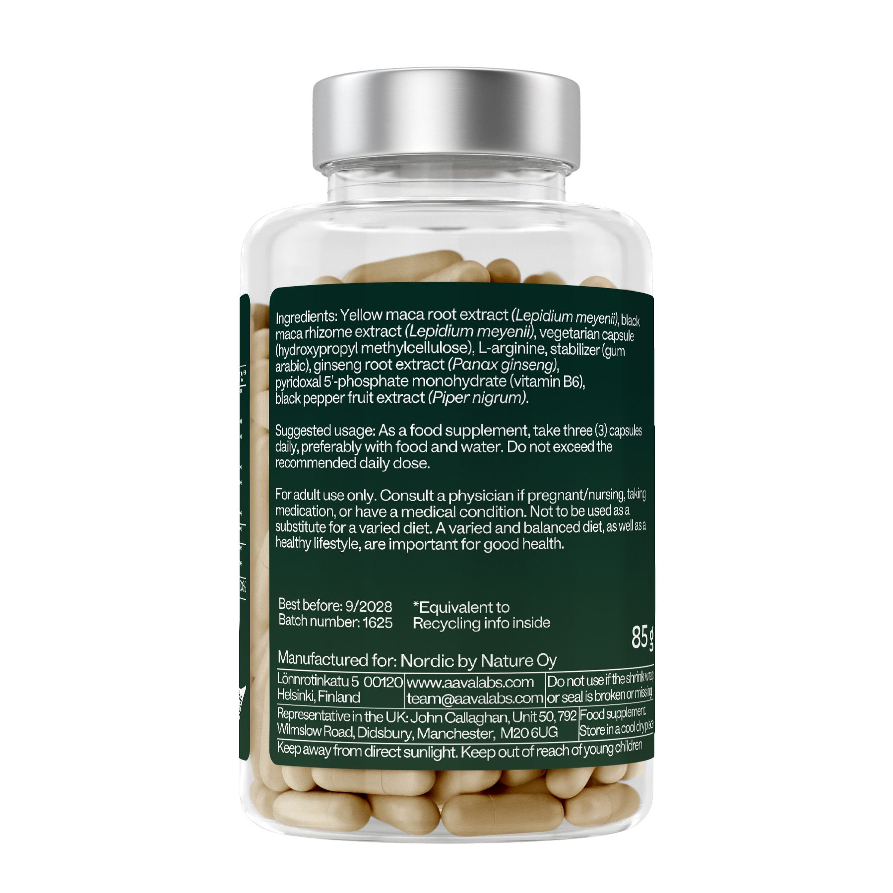 Rückseite der Flasche mit Inhaltsangaben und Verzehrempfehlung. Grünes Etikett mit weißem Text.