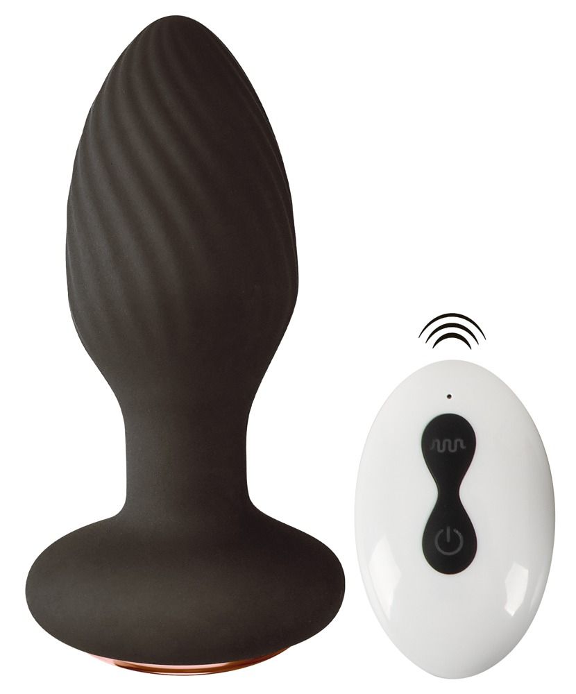 Schwarzer Analplug mit spiralförmiger Textur und Fernbedienung.