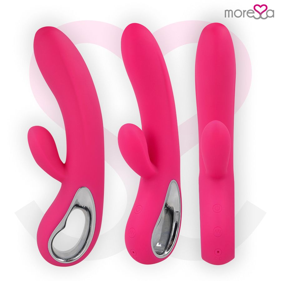 Drei Ansichten eines pinkfarbenen Silikon-Vibrators mit silbernem Ring und Logo.