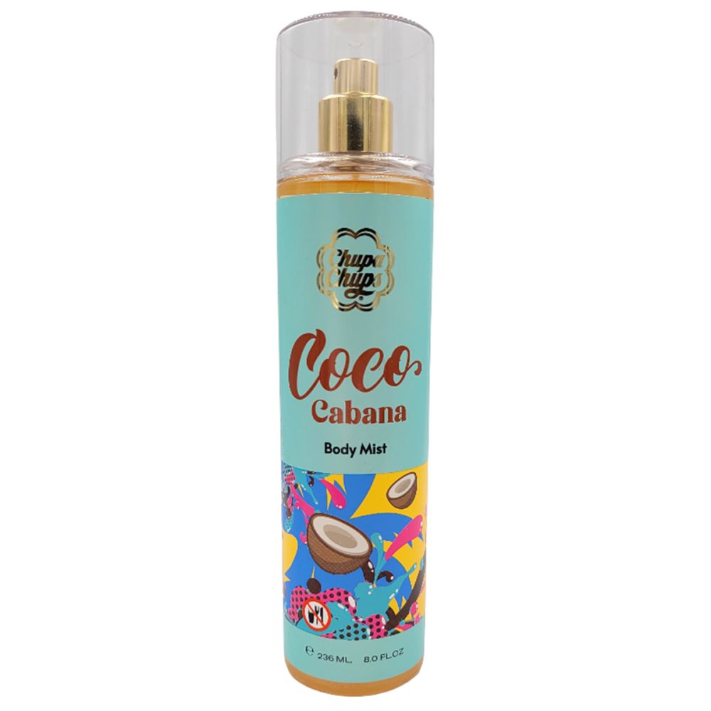 Türkisfarbene Flasche mit Aufschrift Coco Cabana Body Mist. Mit Kokosnuss-Illustrationen und goldfarbenem Zerstäuber.