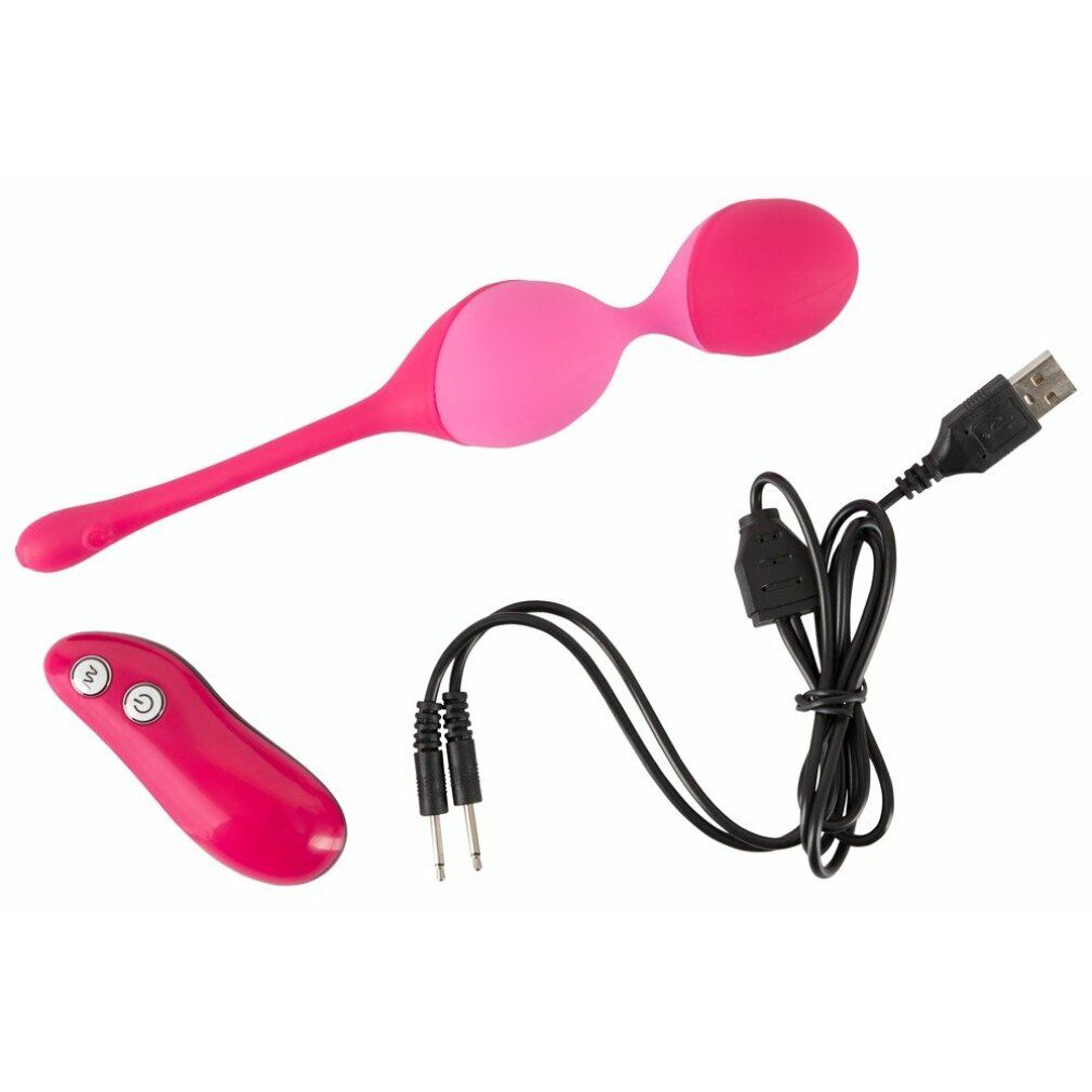 Rosa Duo-Vibrokugel, Fernbedienung, USB-Kabel und Ladekabel. Produkt liegt auf weißem Hintergrund.