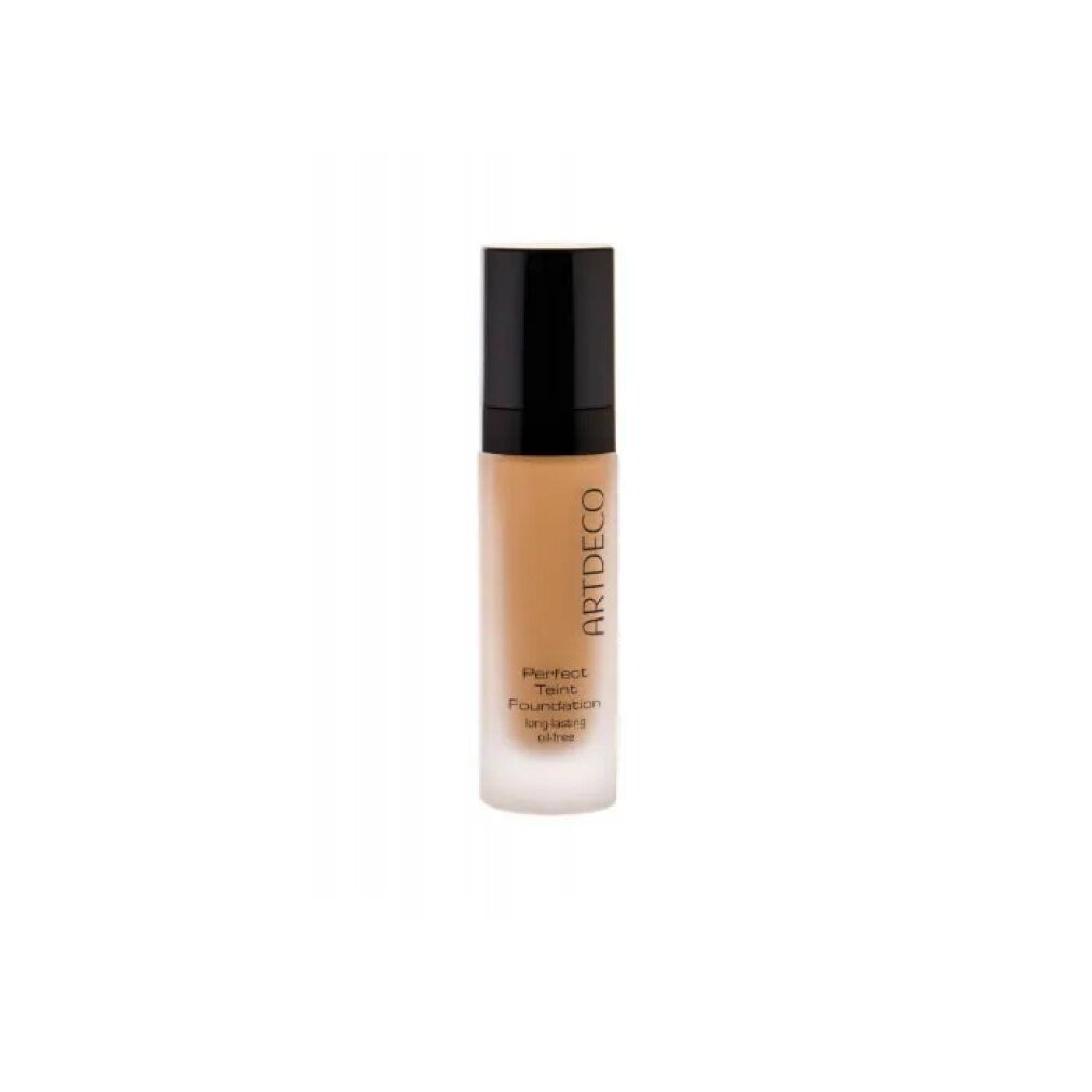 Artdeco Perfect Teint Foundation in Flasche. Farbton Golden Biscuit. Schwarzer Deckel, Schriftzug.