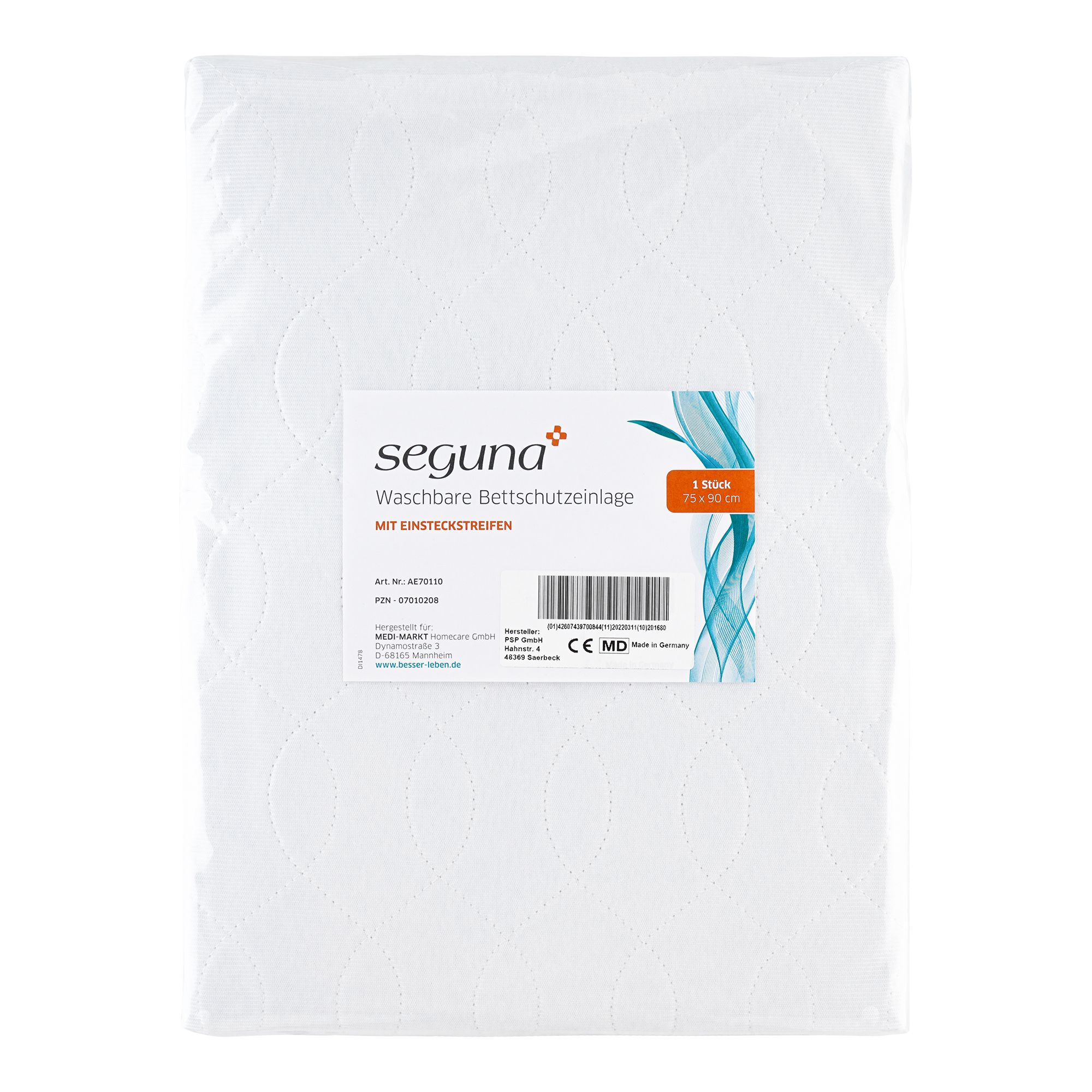 Verpackung mit SEGUNA Bettschutzeinlage. Produktname und Logo sind sichtbar. Barcode und Etikett.