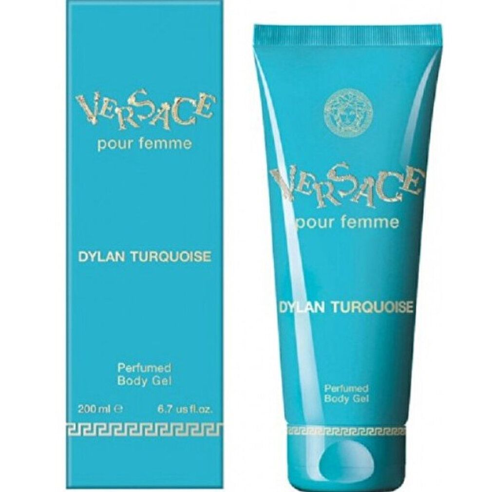Türkisblaue Tube und Schachtel. Goldfarbenes Logo und Schriftzug. Aufschrift: Versace pour femme Dylan Turquoise. Produkt: Body Gel.