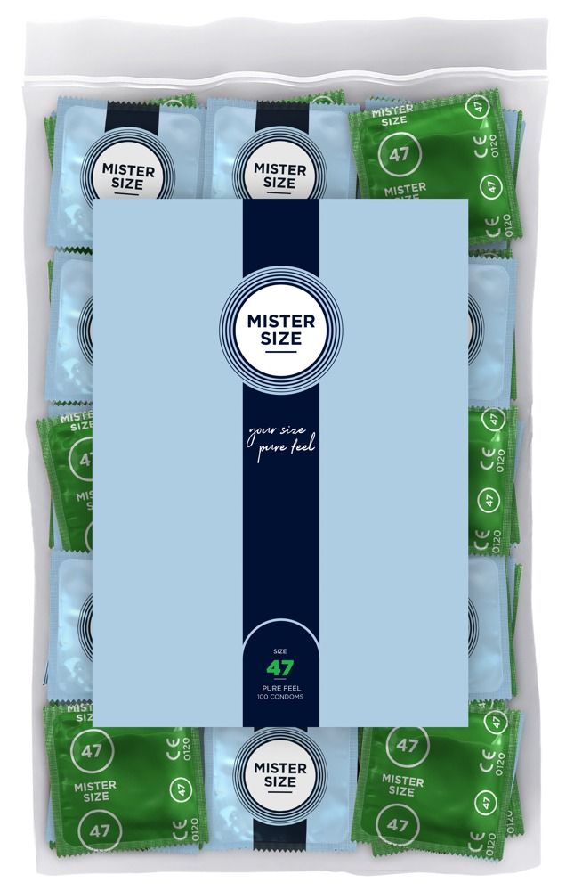 Verpackung mit Kondomen. Einzelne Kondome in Grün und Blau. Aufdruck: Mister Size 47.