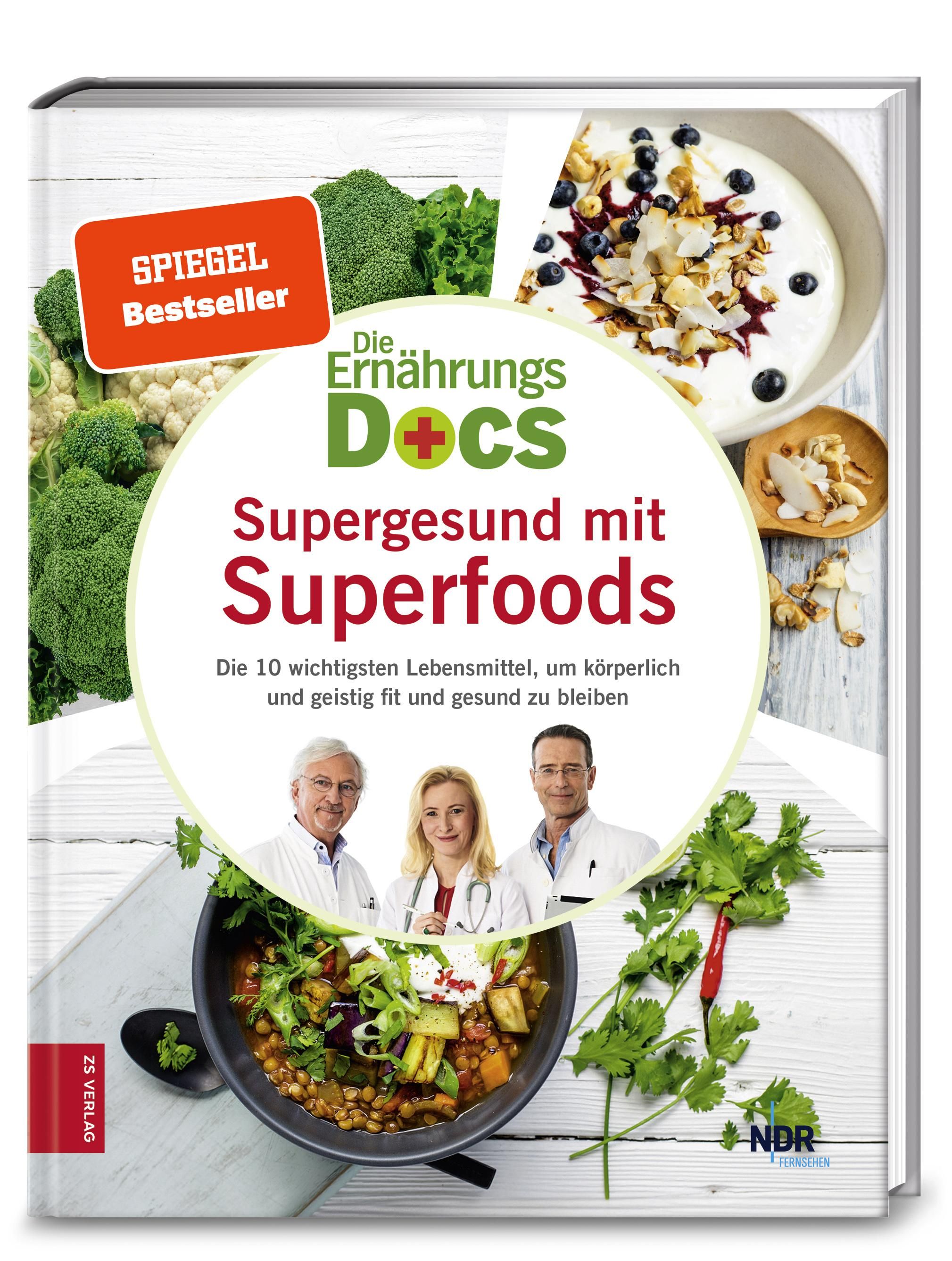 Buchcover mit Titel: Supergesund mit Superfoods. Logo: Die Ernährungs-Docs. Spiegel Bestseller-Aufkleber.