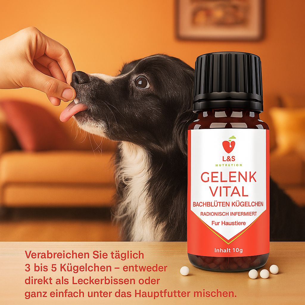 Braune Glasflasche mit schwarzem Deckel. Rotes Etikett mit weißer Schrift: Gelenk Vital, L&S Nutrition. Hand gibt Hund Kügelchen.
