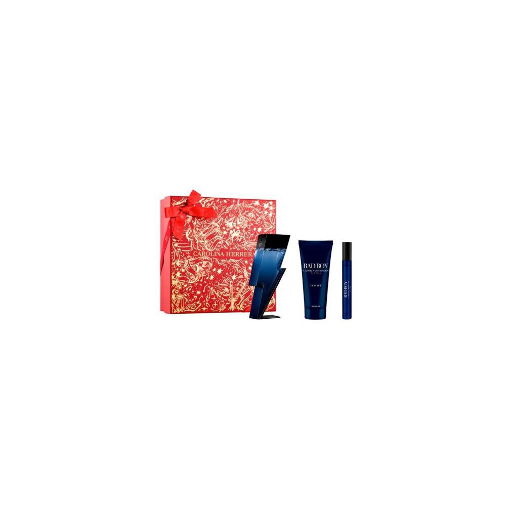 Geschenkset mit blauem Blitz-förmigem Parfümflakon, Duschgel und kleinem Parfümzerstäuber neben einer roten Geschenkbox mit roter Schleife.