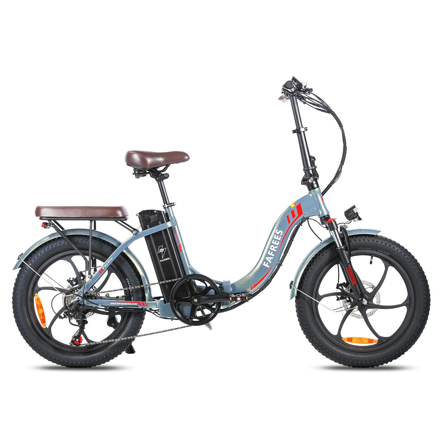 Fafrees F20 Pro E-Bike, blau, brauner Sattel, schwarze Reifen. Scheibenbremsen, Gepäckträger, Akku.