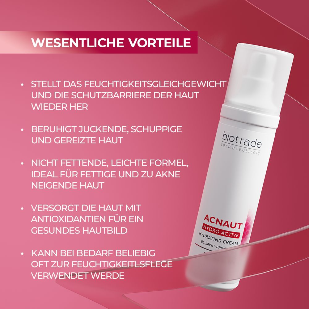Produktflasche mit Text auf rotem Hintergrund. Text: Wesentliche Vorteile, stellt Gleichgewicht her, beruhigt, nicht fettend, versorgt mit Antioxidantien.