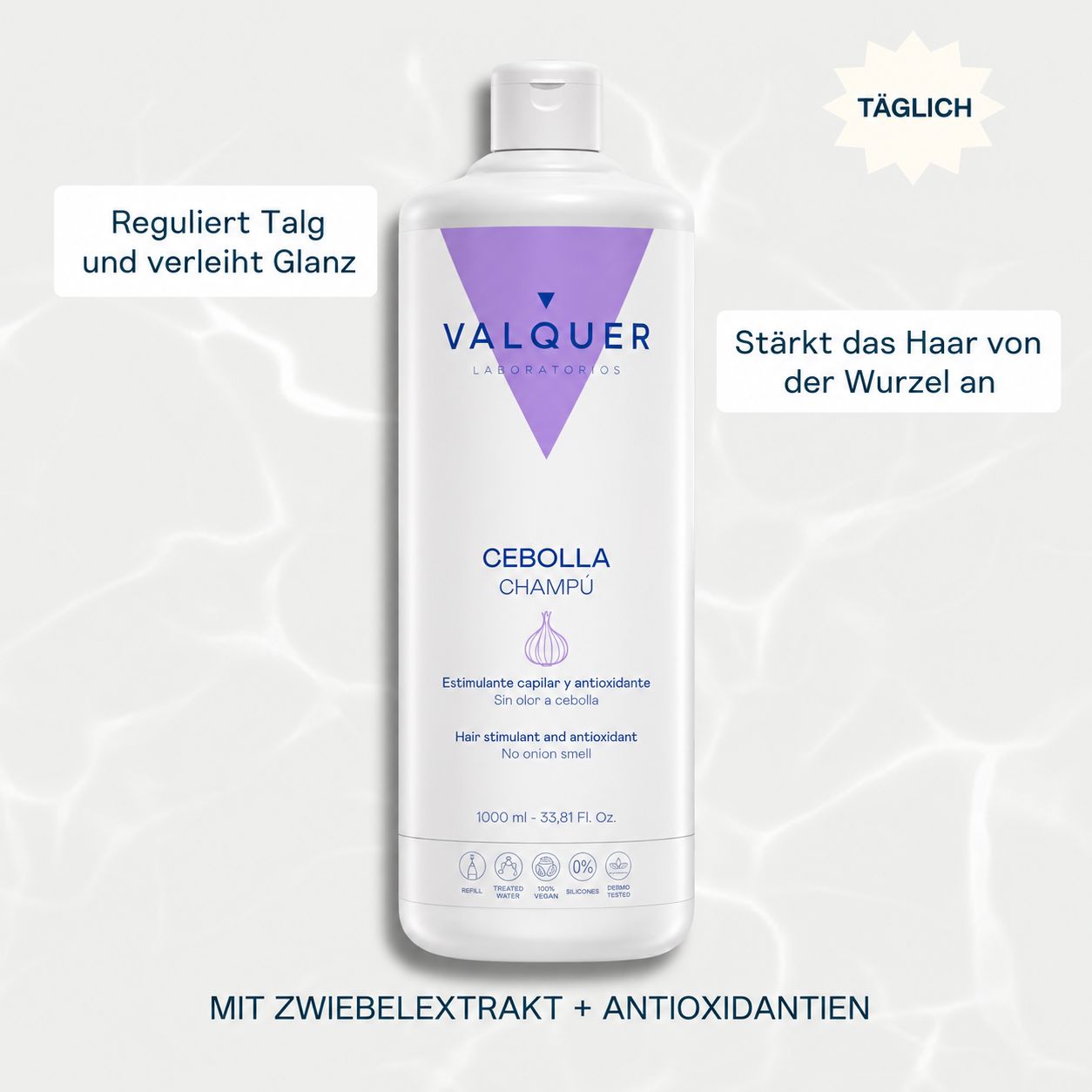 Valquer Zwiebel Shampoo, 1000ml Flasche, stimuliert das Haarwachstum.