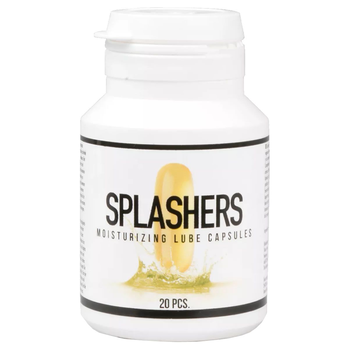 Eine weiße Flasche mit einem Klappdeckel. Auf dem Etikett steht "SPLASHERS MOISTURIZING LUBE CAPSULES". Ein gelbes Kapsel-Design ist abgebildet, das in Wasser spritzt. Unterhalb steht "20 PCS."