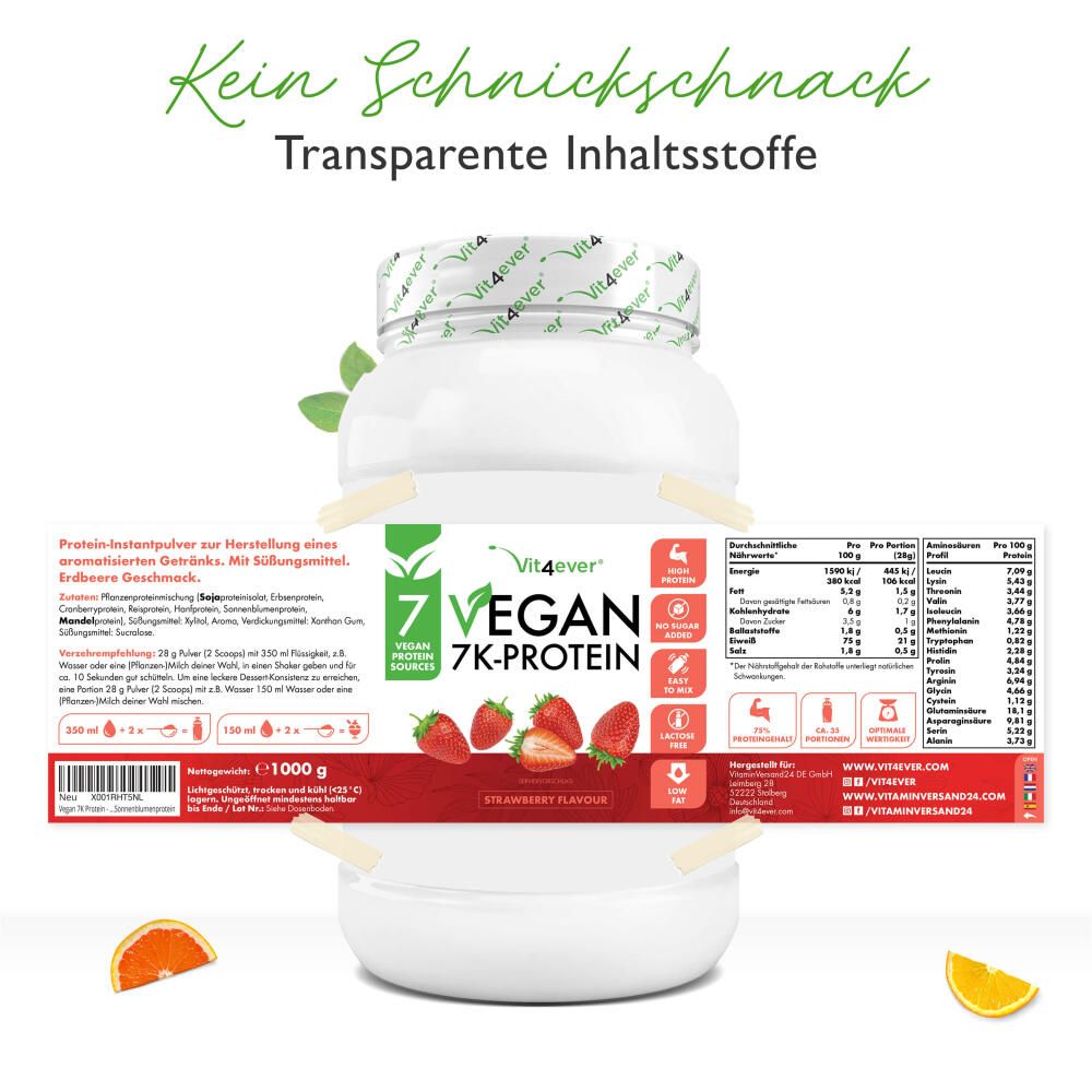 Vit4ever Vegan 7K-Protein-Behälter mit abgelöstem Etikett. Auf dem Etikett: Nährwertangaben, Zutaten, Zubereitungshinweise. Erdbeer-Geschmack.