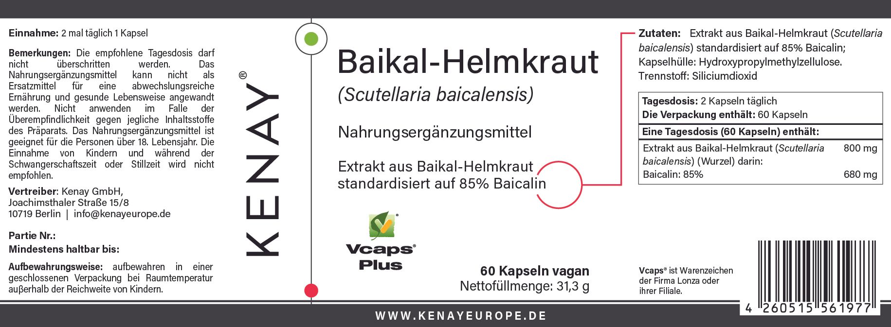 Etikett mit Produktinformationen, Inhaltsstoffen und Marke KENAY. Enthält Informationen zu 60 veganen Kapseln.