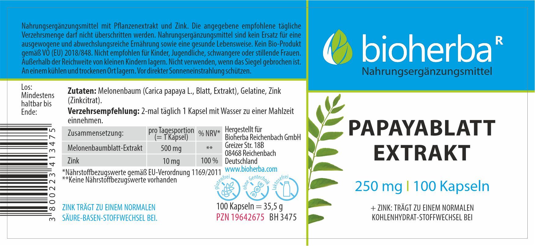 Etikett mit blauem Streifen und weißer Schrift: Bioherba, Papayablatt Extrakt, 250 mg, 100 Kapseln. Enthält Informationen und Zutaten.