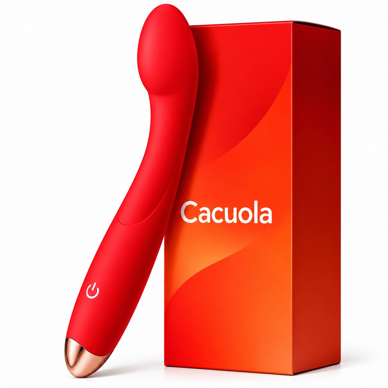 Roter Vibrator neben einer passenden roten Geschenkbox mit dem Markennamen 'Cacuola'.