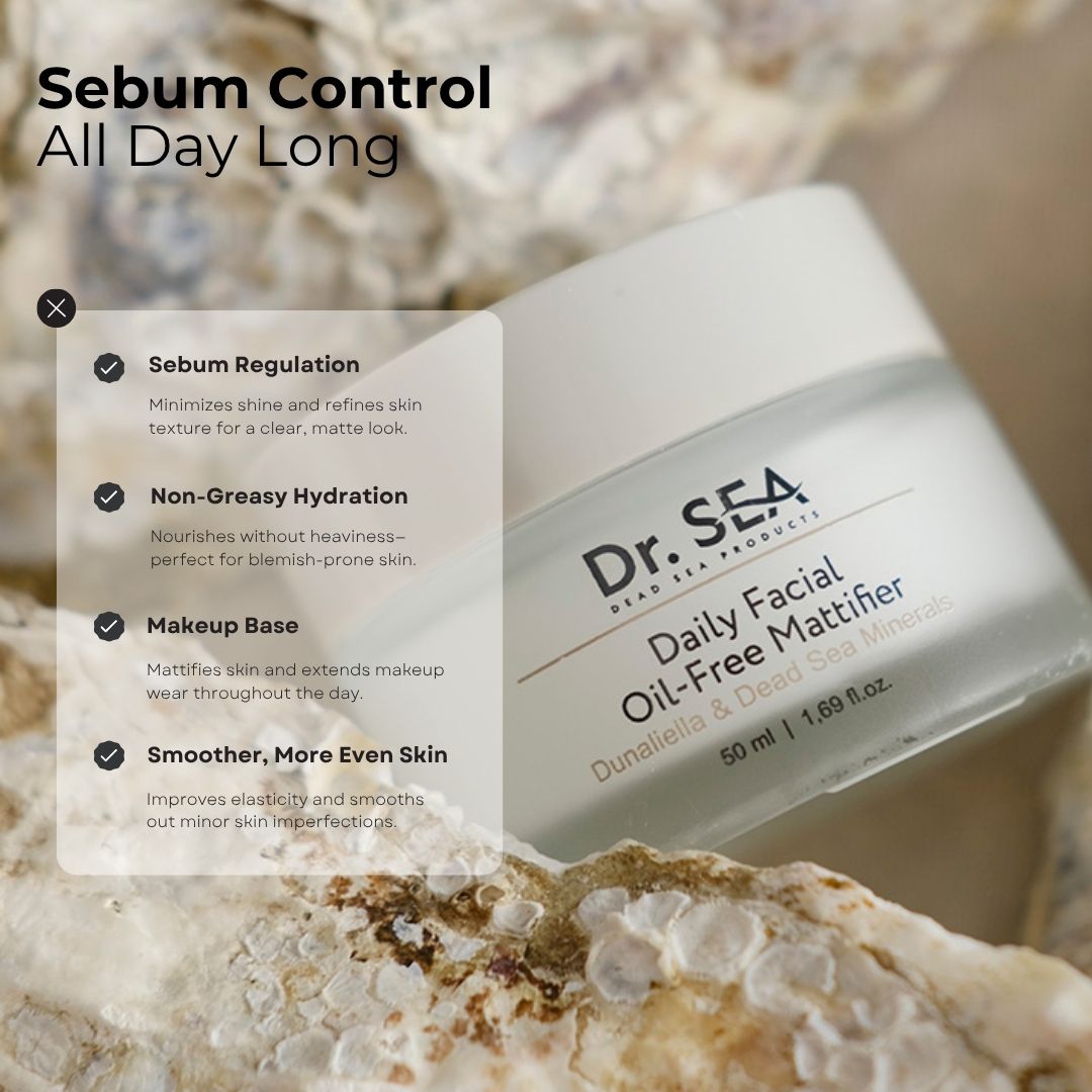 Creme-Tiegel mit Text. Text: Sebum Control All Day Long, Sebum Regulation, Non-Greasy Hydration, Makeup Base, Smoother, More Even Skin.