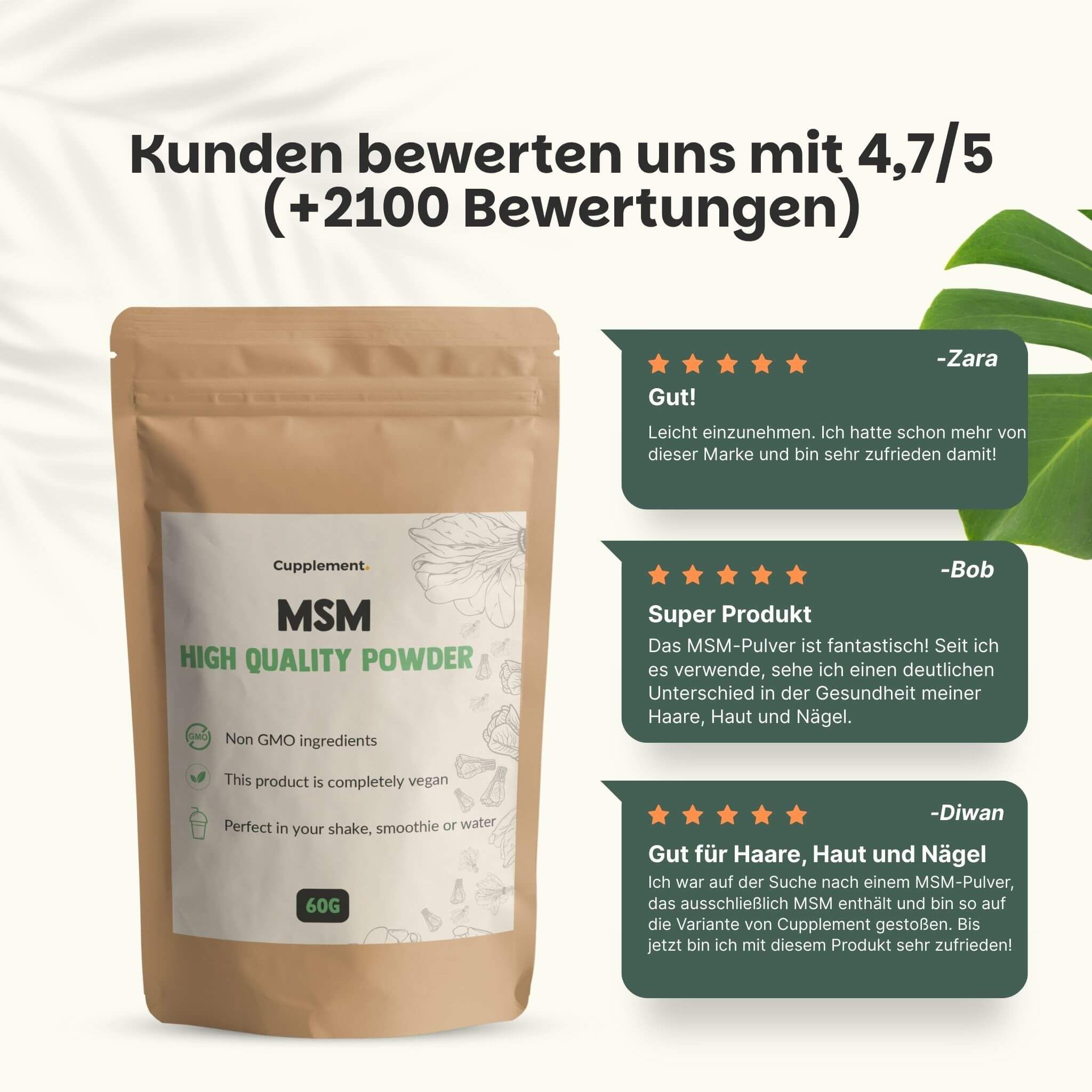 Vergleich von MSM-Pulver. Links: Kraftpapierbeutel. Rechts: Plastikverpackung. Text: Unser MSM-Pulver vs. Andere Anbieter.